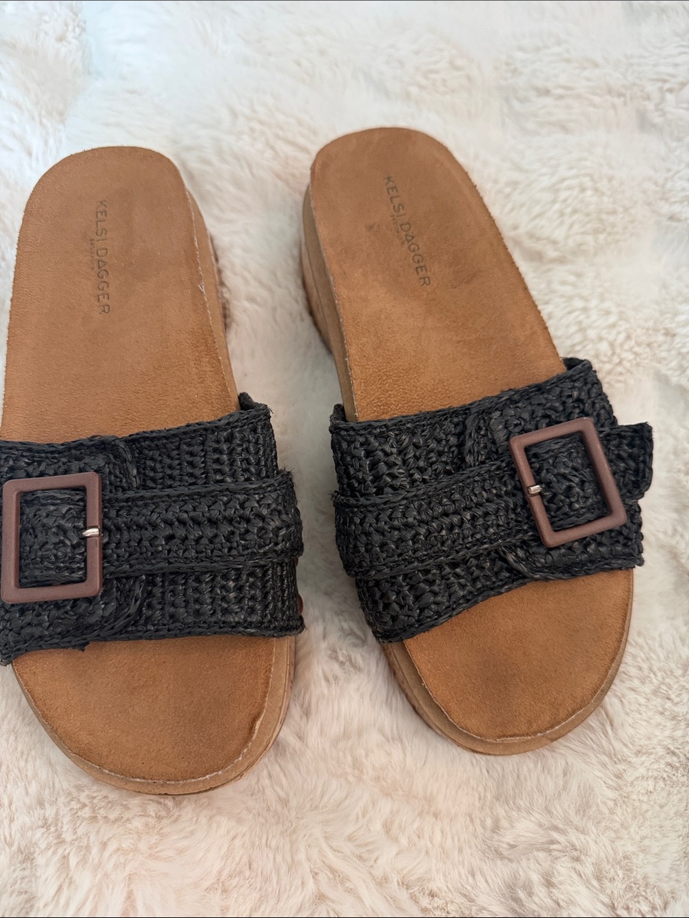 Kelsi Dagger Black Woven Buckle Slide Sandals with Tan Footbed